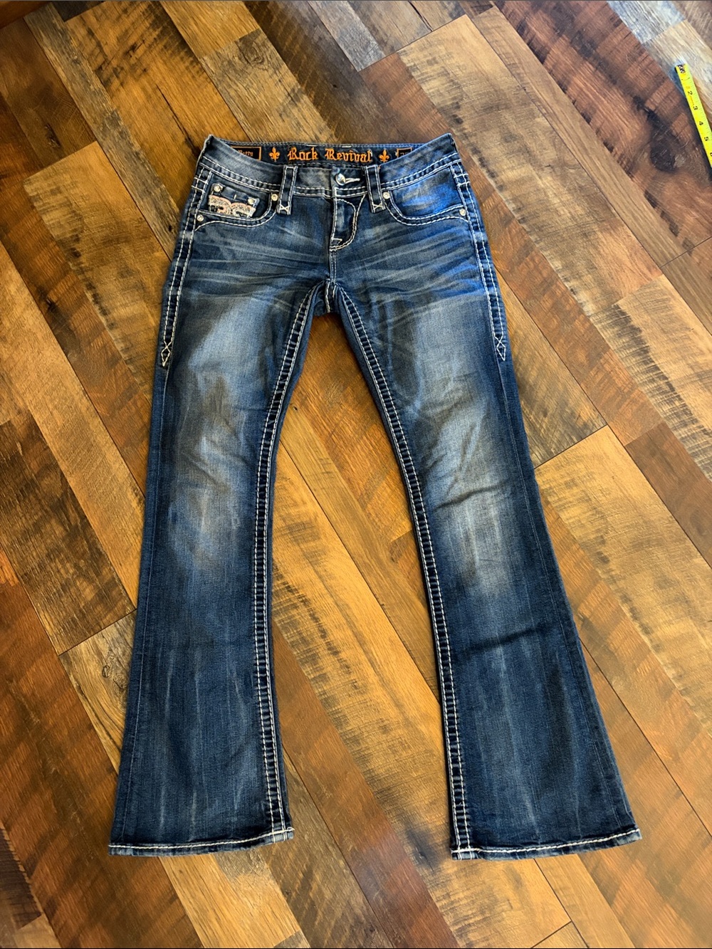 Rock Revival Women's Dark Blue Flared Jeans with Contrast Stitching